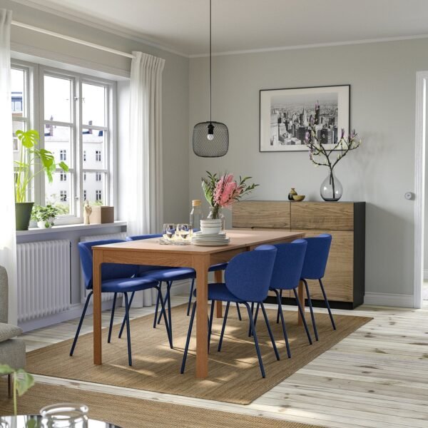Oakwave Blue Set – Table and 4 chairs, oak/Tonerud blue, 120/180 cm